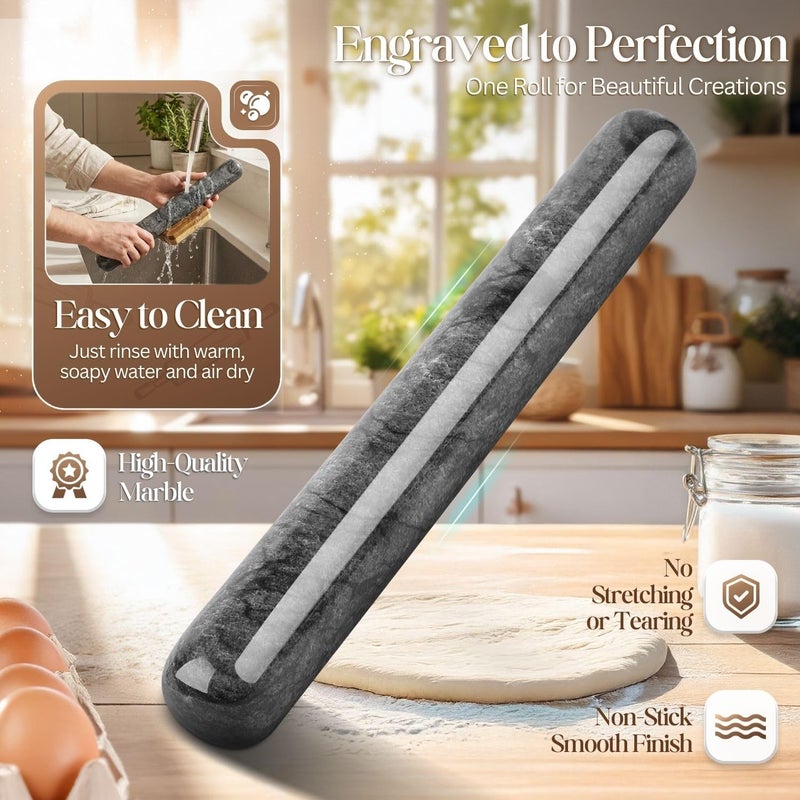 Flexzion Dowel Rolling Pin, 11-inch Black Marble with Wooden Holder Base Stand, Marble Rolling Pin for Baking Pastry Pizza Dough Roller Fondant Cookie Pie Crust Pasta Bakery Roller Pin - Image 3